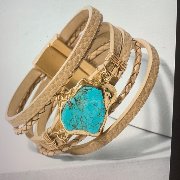 SAACHI Jewelry - Braided Turquoise Natural Stone Vegan Leather Bracelet